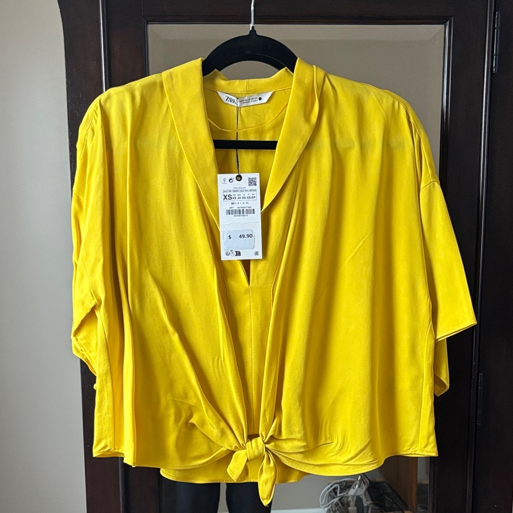 Zara Bright Yellow Tie-Front V-Neck Blouse